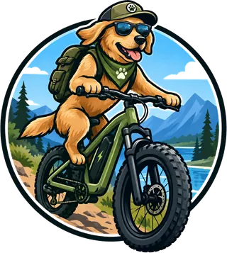 Scout, the RideScout dog, riding a fat-tire e-bike